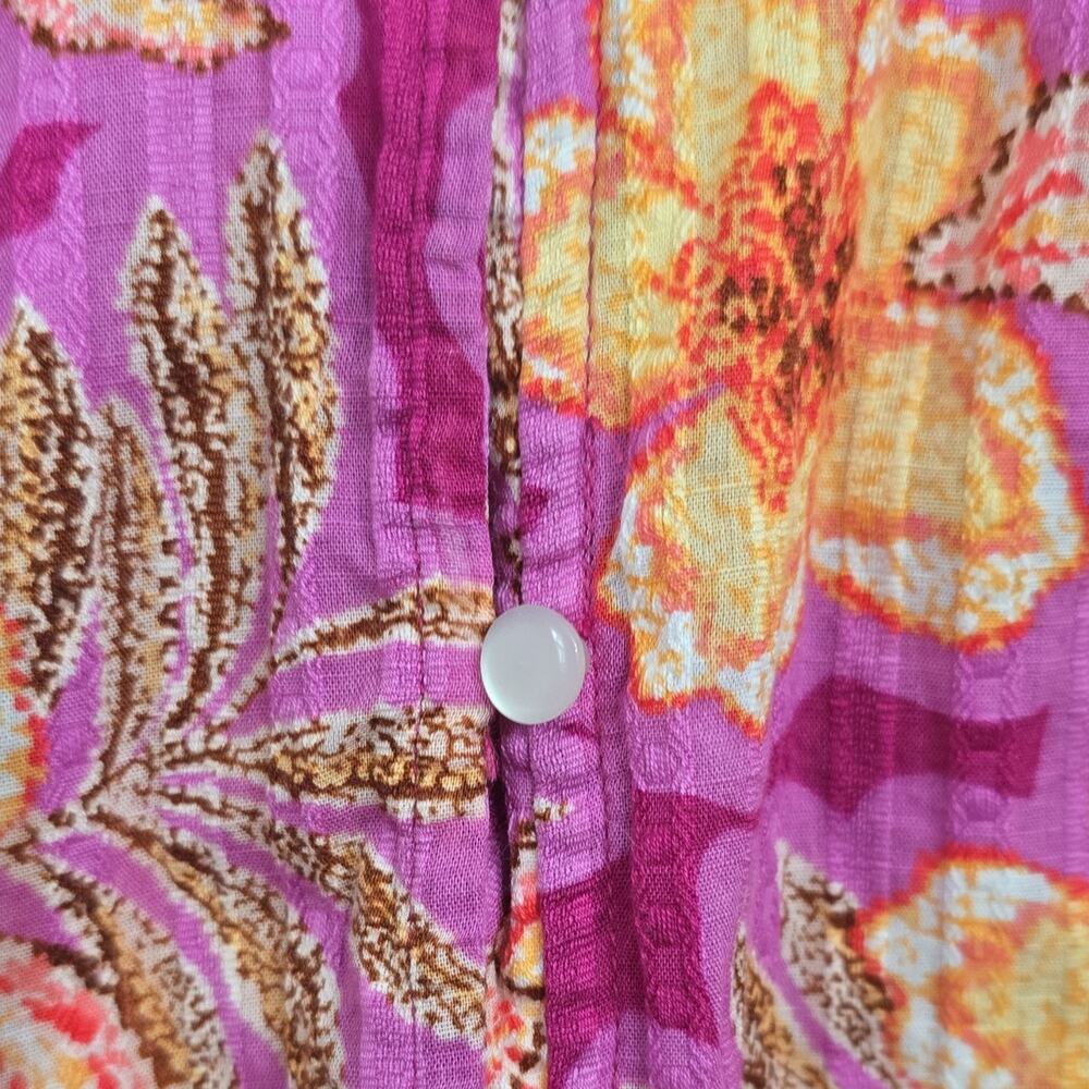 LOFT Womens L Pink Orange Floral Button Front 100% Cotton Ruffle Sleeve Blouse - Picture 4 of 8